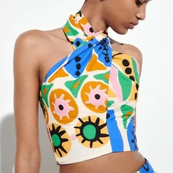 Zara Pop Art Printed Crop Halter Top S - Picture 1 of 15